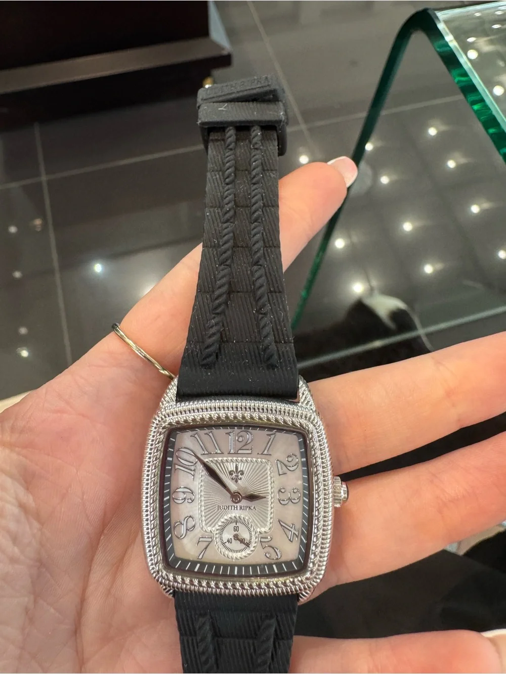 New Judith Ripka Stainless Steel Square Watch with Black Silicone Strap